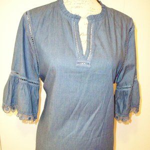 Tru Self Denim Top Fluted Sleeves Size L Blue Lace